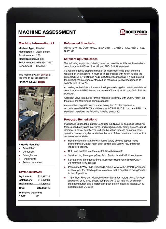 machine guarding assessment template with standards, safeguarding deficiencies, and proposed machine safety risk assessment remediations